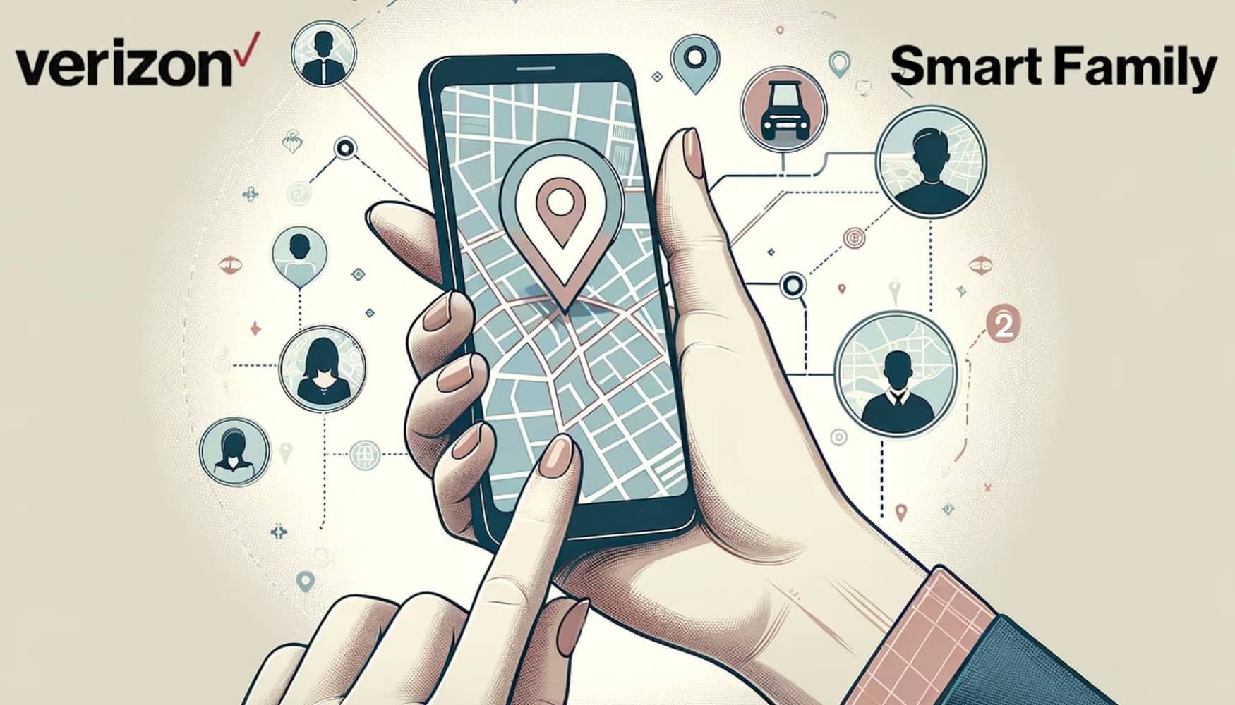 Picture for Verizon Smart Family service of a woman's hands holding a phone with a location on a map on it