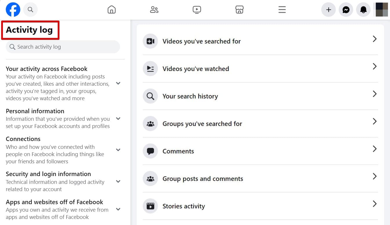 An image of the Activity log feature on Facebook