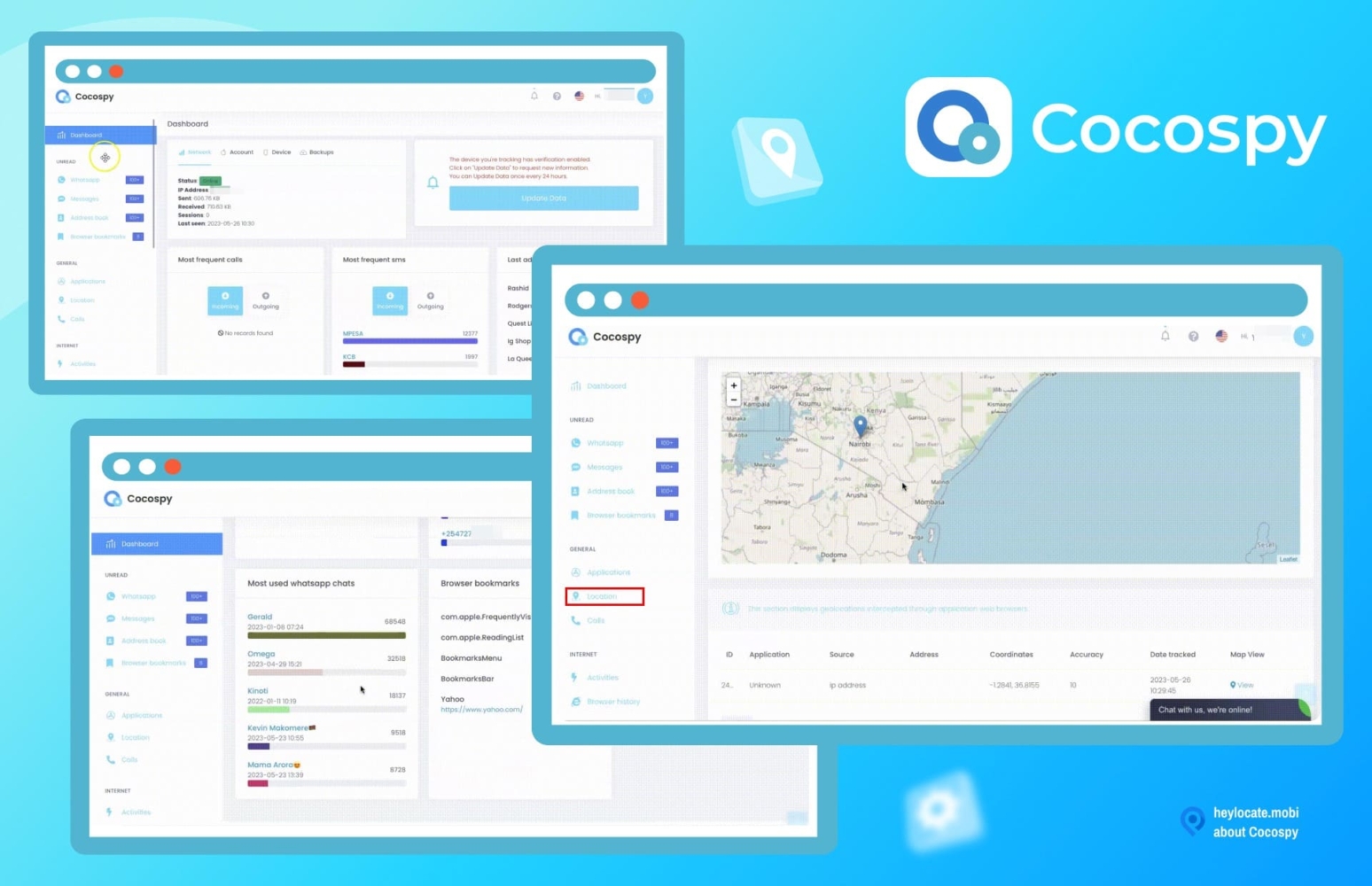 A collage showcasing various screenshots of the Cocospy application interface. The images include different panels such as a dashboard, location tracker with a map, and most used WhatsApp chats.