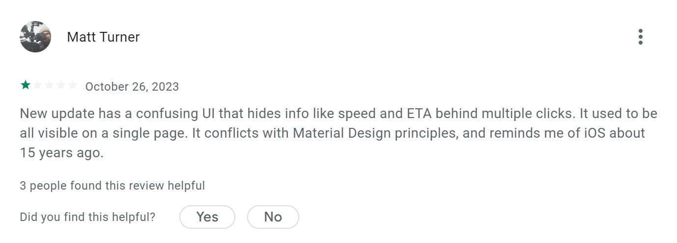 An image of a customer negative review about Glympse on Google Play