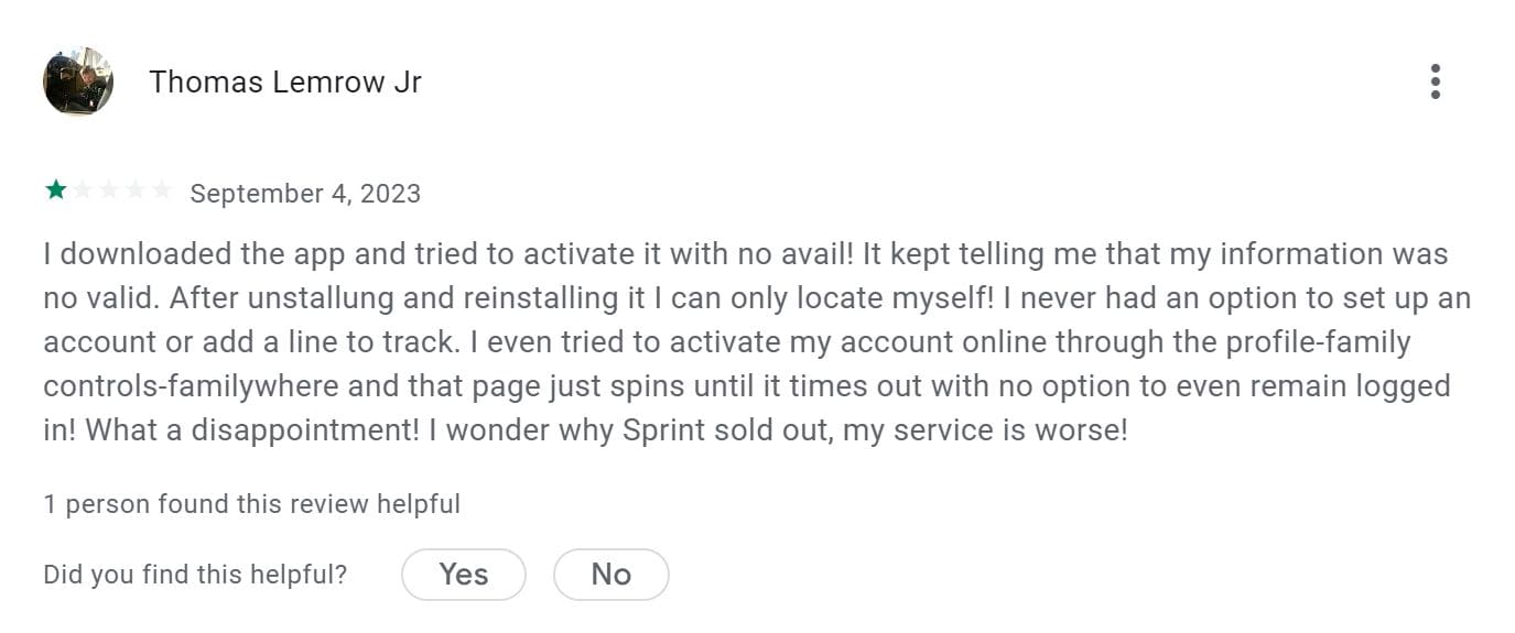 An image of a customer negative review about T-Mobile FamilyWhere on Google Play