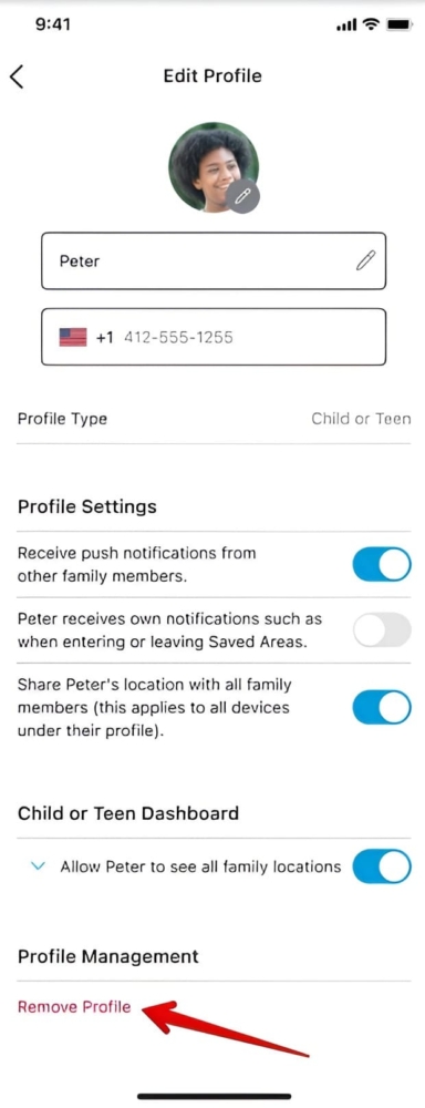 Screenshot showing how to delete an AT&T Secure Family profile