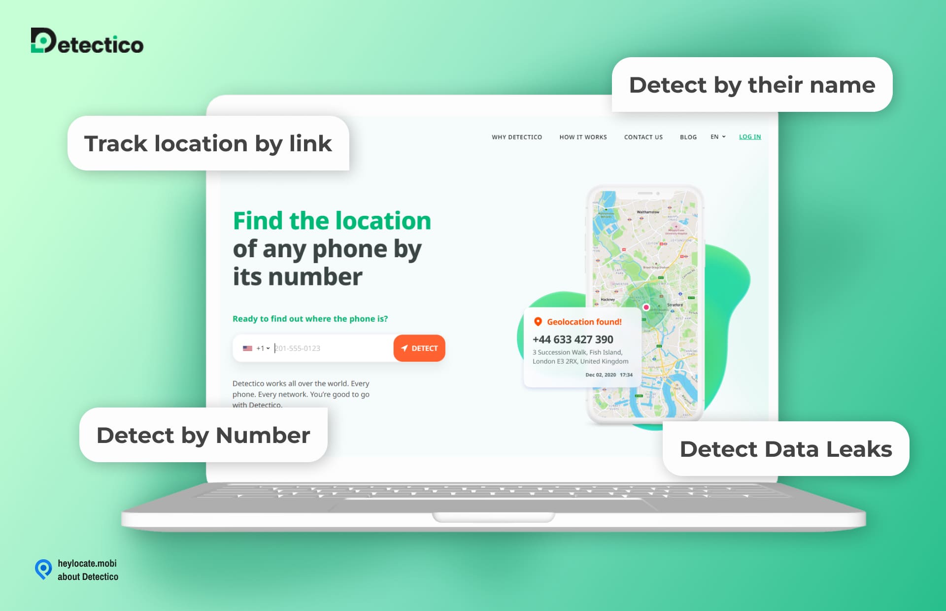 A visual layout for Detectico services with a interface and functionals displayed on a laptop screen. The left section is titled 'Track location by link' with a slogan 'Find the location of any phone by its number' and a field to enter a phone number with a 'Detect' button. The center of the screen shows a map with a pop-up notification indicating a 'Geolocation found!' for a specific phone number, detailing an address . The Detectico logo is present at the top left, with the website 'heylocate.mobi' and text 'about Detectico' at the bottom.