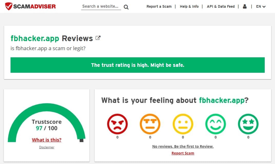 FBhacker's trust rating on the Scam Advisor website