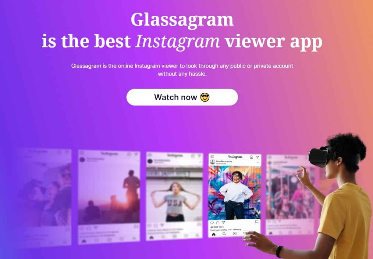View of Glassagram homepage with Watch now button