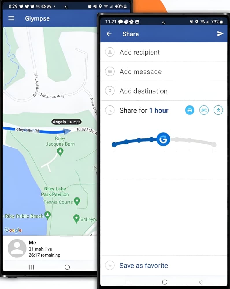 The Glympse app showing the location sharing feature