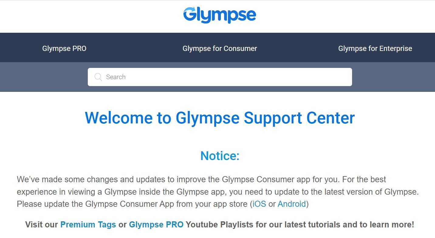 View of the website page with information about glympse customer support service