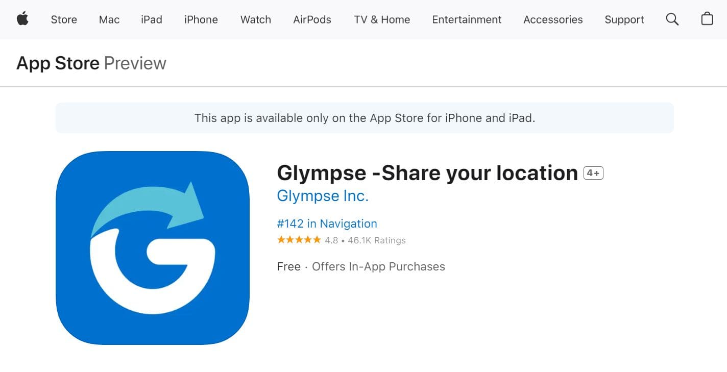 View of the Glympse home page in the App Store