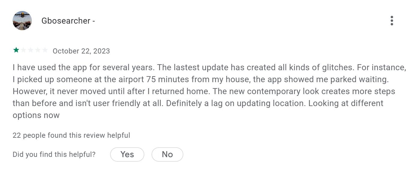 An image of a negative Glympse review on Google Play