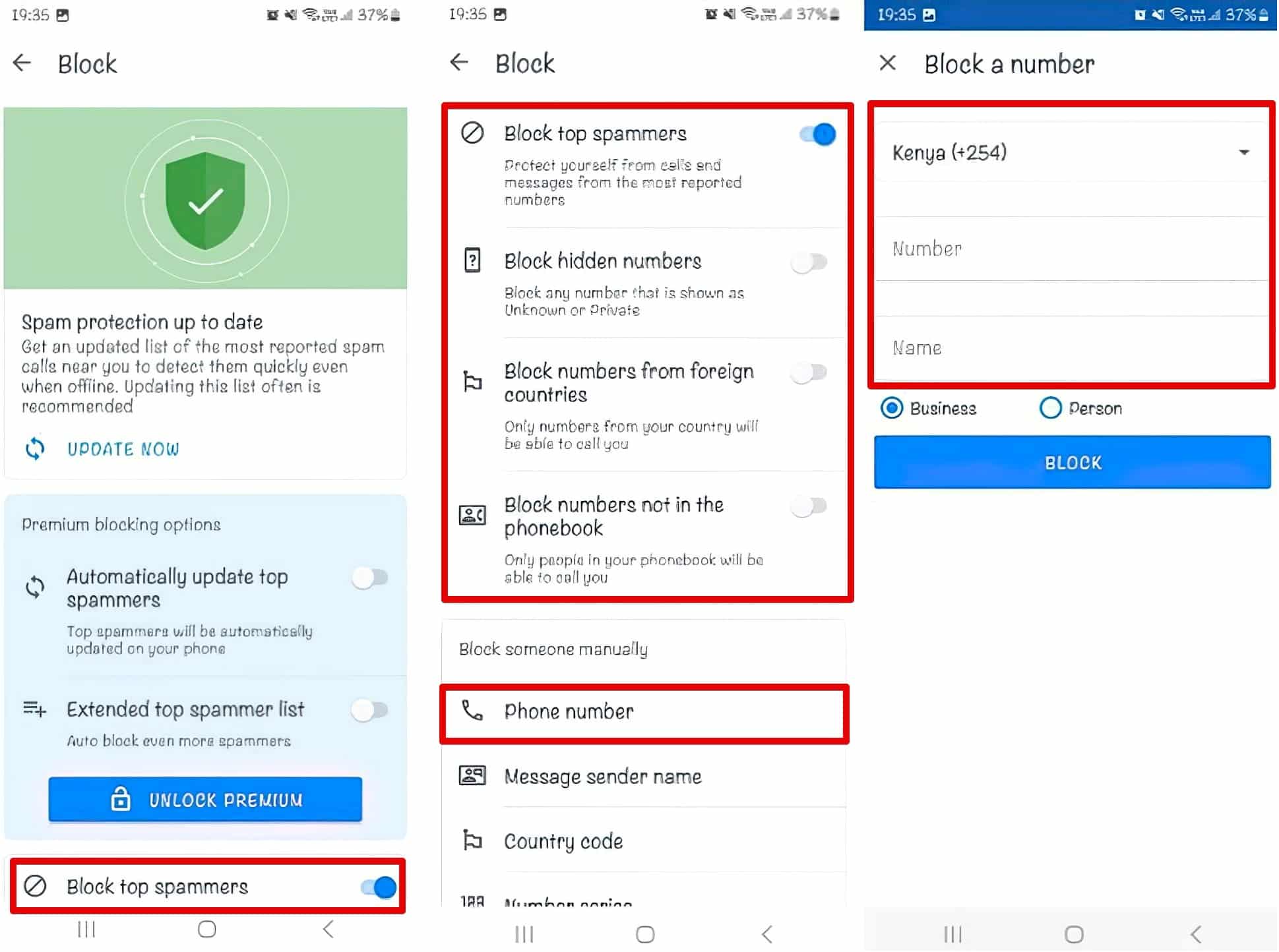 An image of how to block calls and SMS on the Truecaller app