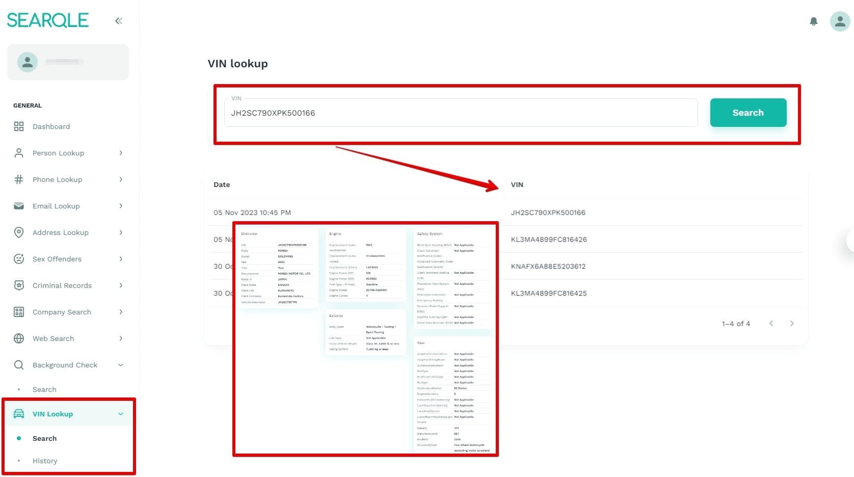 Image showing how to find a car by VIN in Searqle and what data will be visible during the search