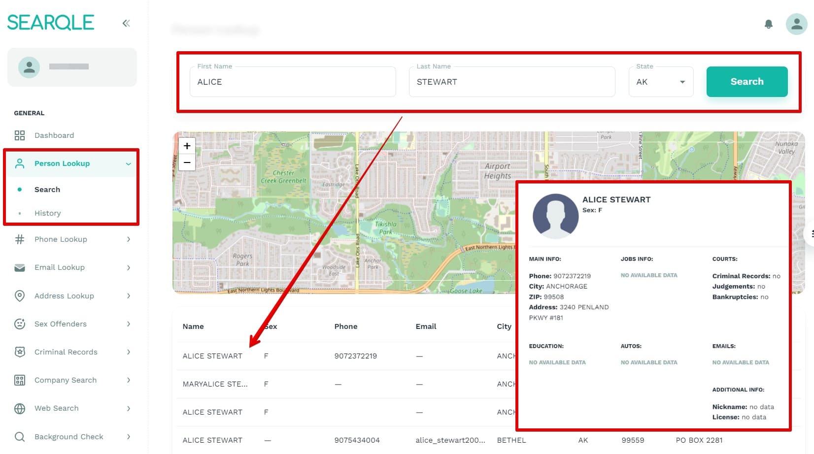 Image showing how to find a person by first name and last name on Searqle and what data will be visible in a search