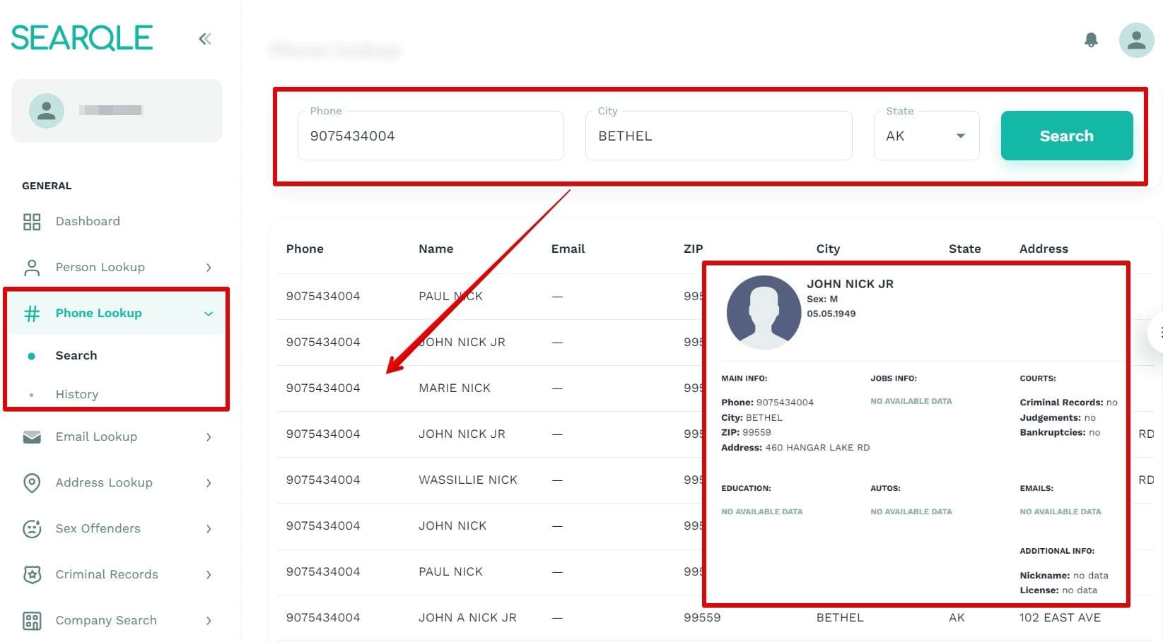 Image showing how to find a person by phone number on Searqle and what data will be visible in a search