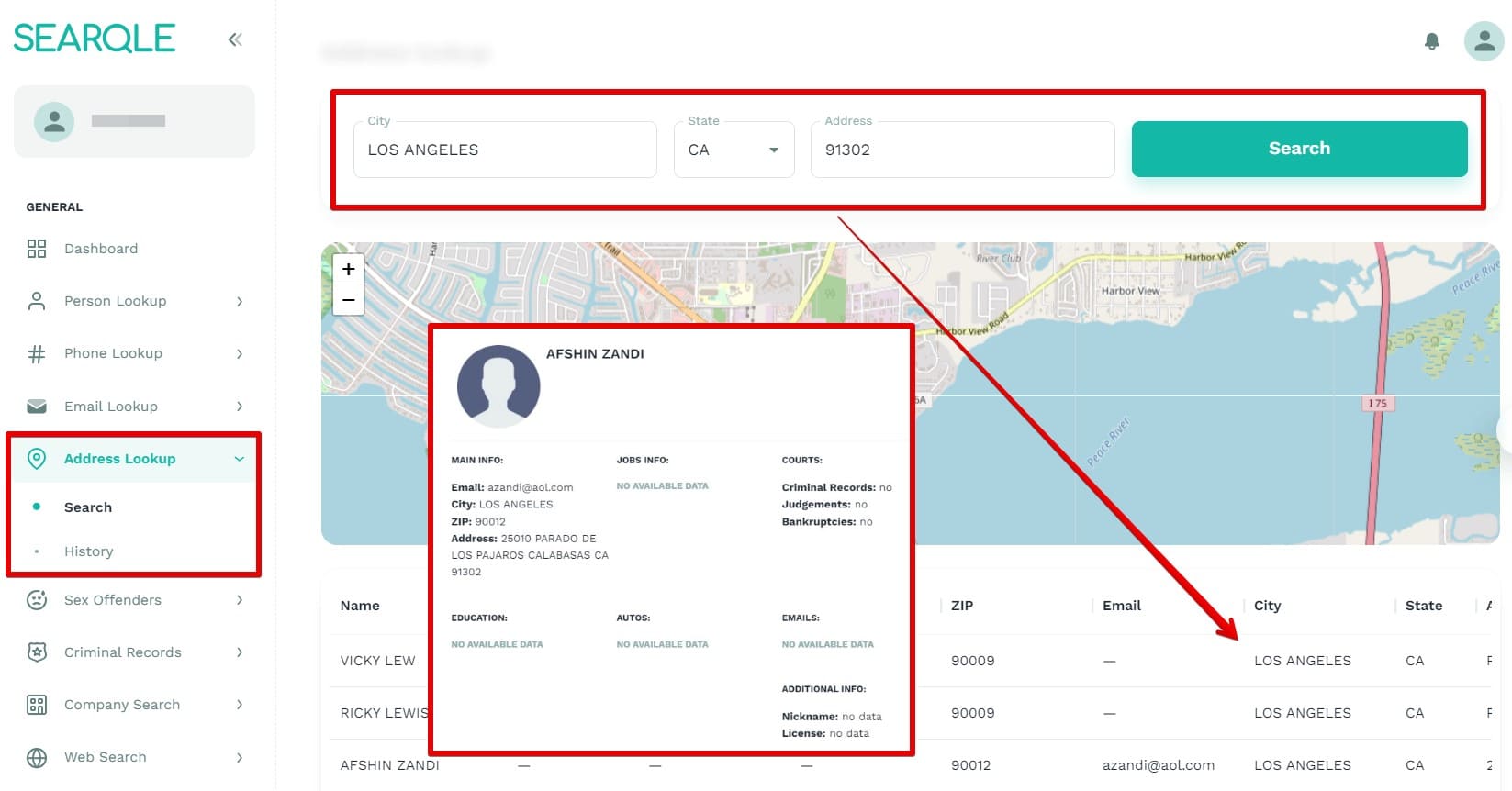 Image showing how to find a person by address on the Searqle website and what data will be visible in the search