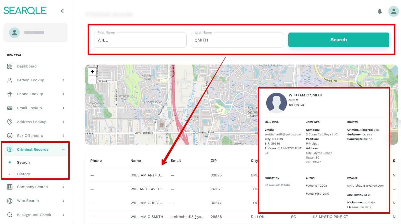 Image showing how to find people with a criminal record on Searqle and what data will be visible in a search