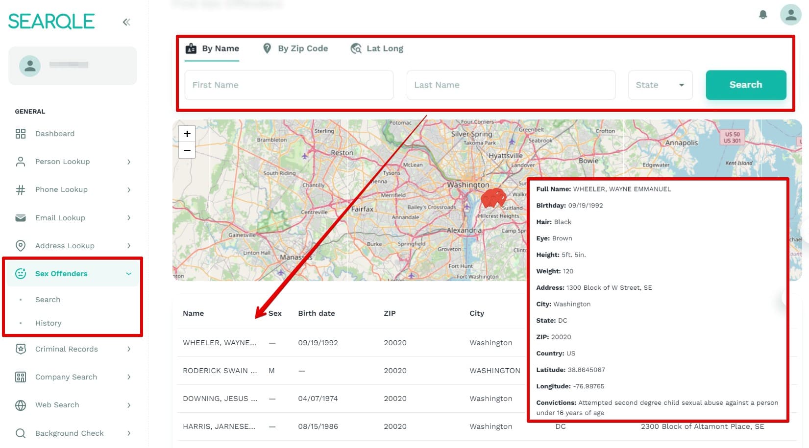 Image showing how to find sex offenders by name on the Searqle website and what data will be visible in a search