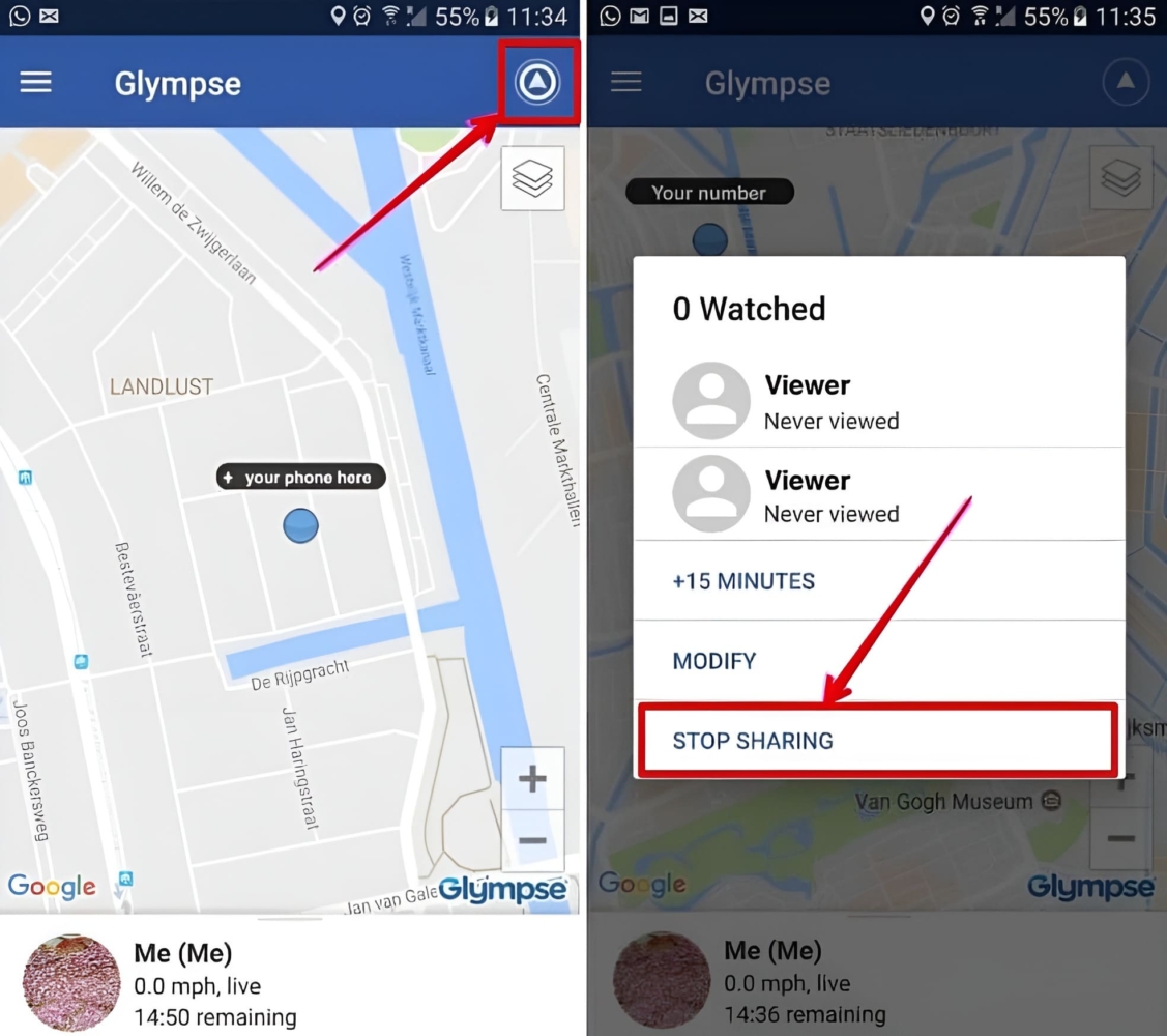 An image of how to stop sharing location on the Glympse ap