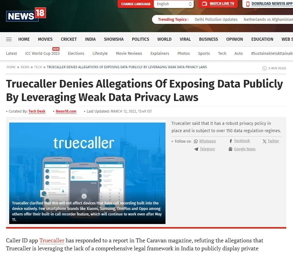 Information about Truecaller from the news site about protects rights
