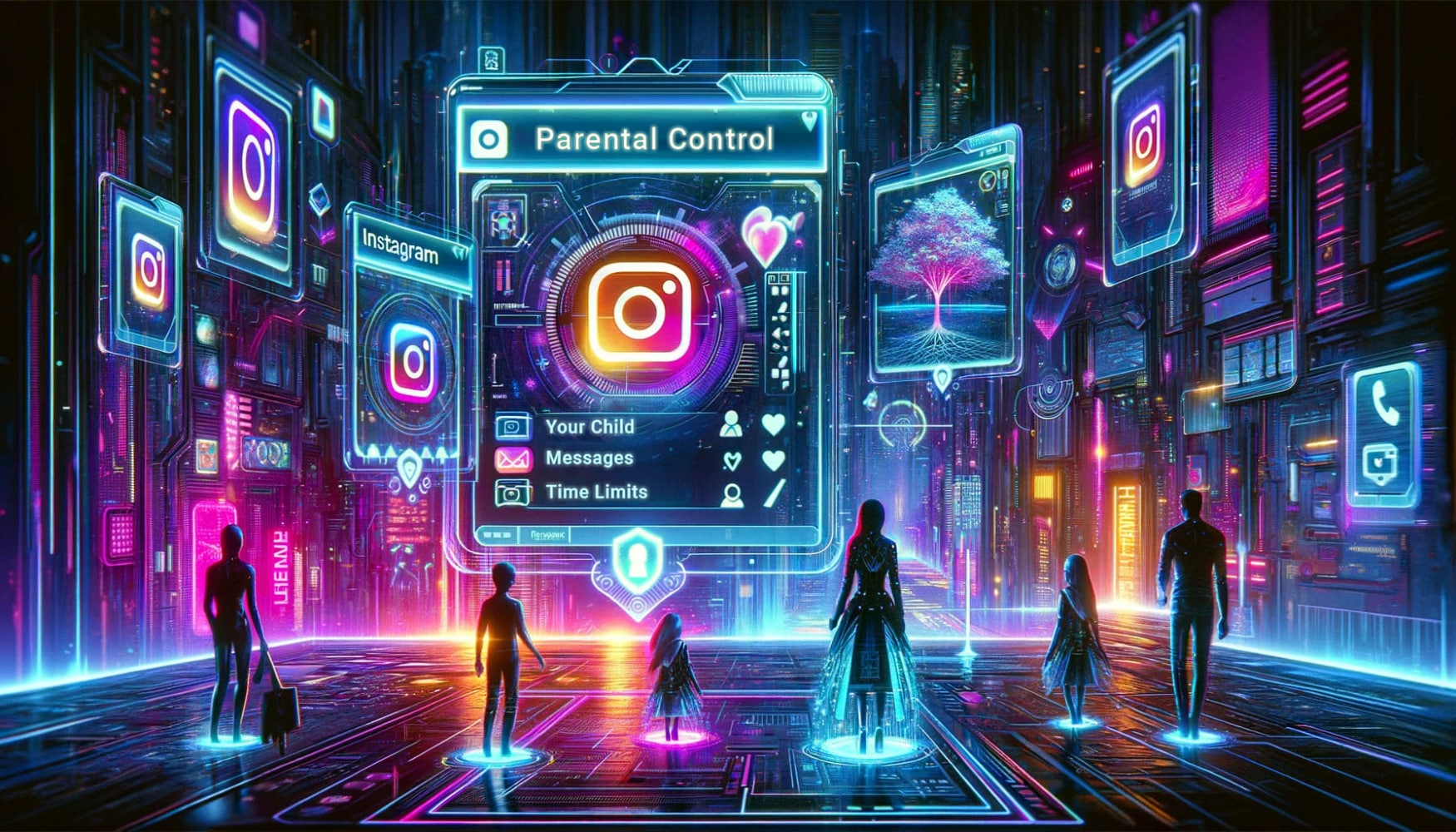 Three adults and three children standing in the instagram ecosystem in front of large glowing screens with instagram logos and the largest one revealing information about parental controls