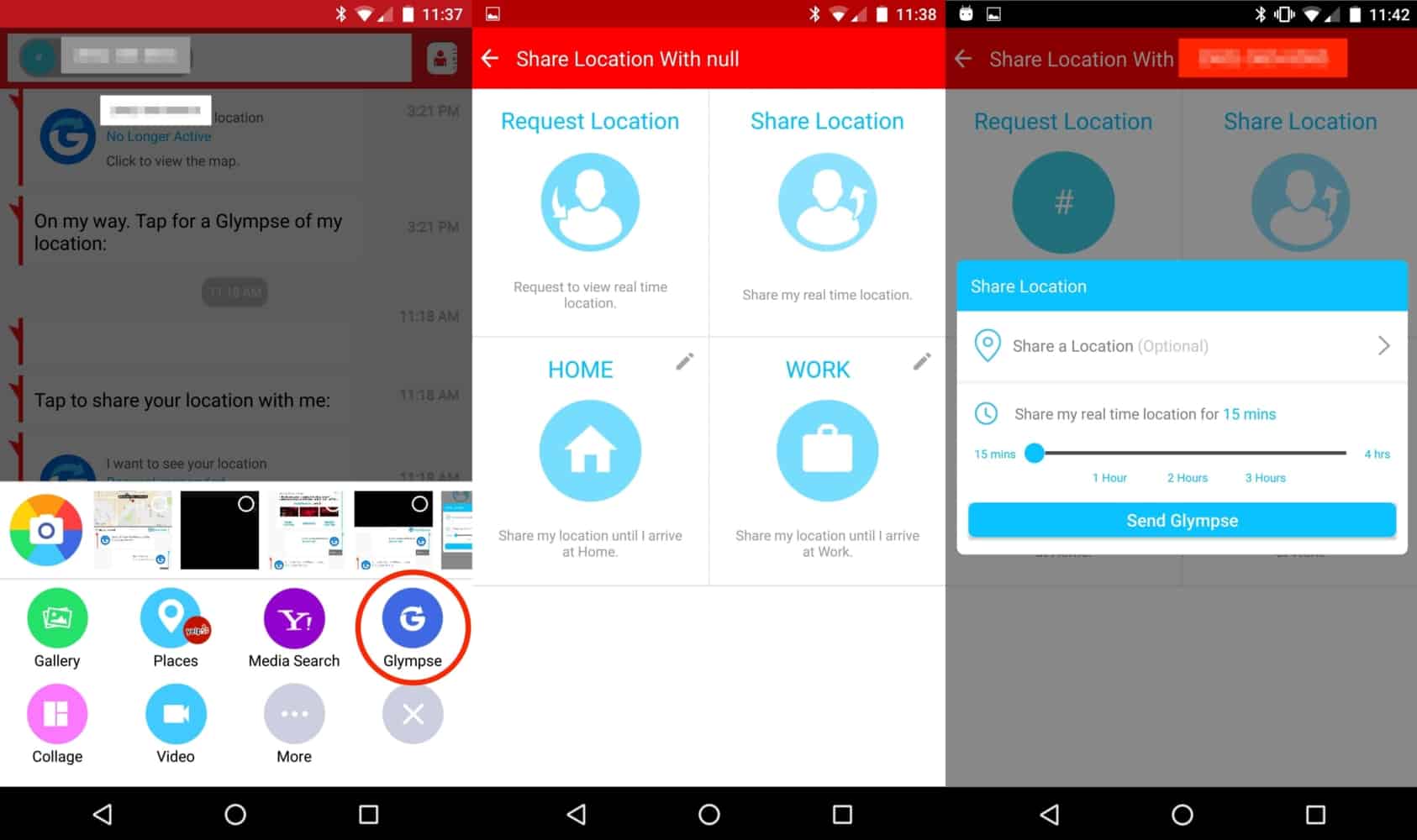Three screenshots of an example of sending messages in Glympse