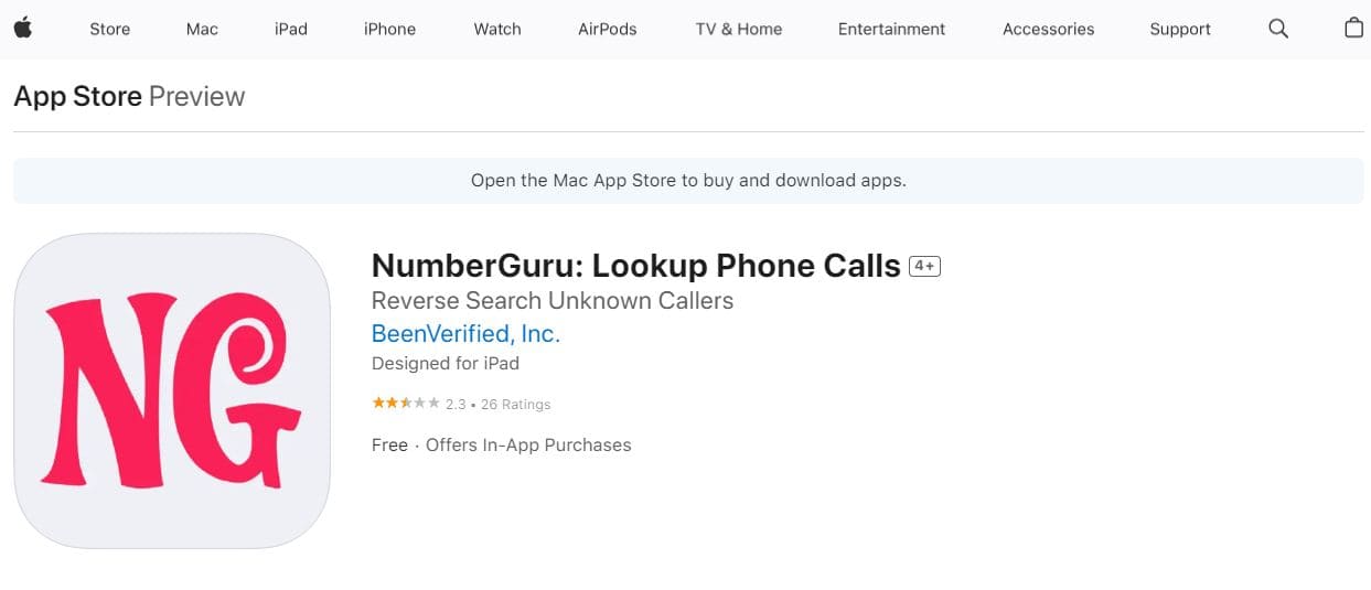 View the Numberguru homepage in the App Store with a button to install on your cell phone