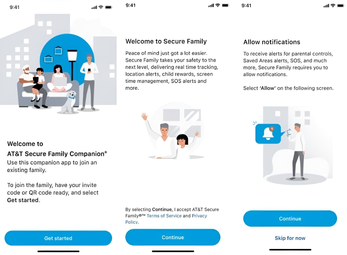 Three screenshots showing how to pair your device with your child's AT&T Secure Family device
