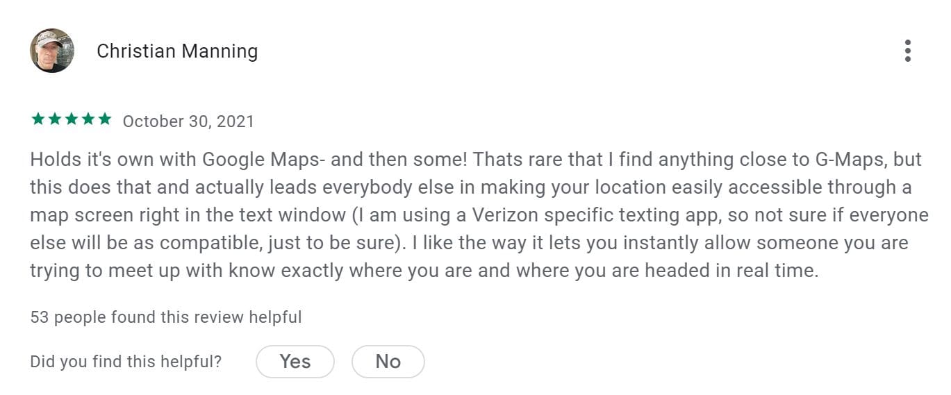 An image of positive customer review about Glympse on Google Play
