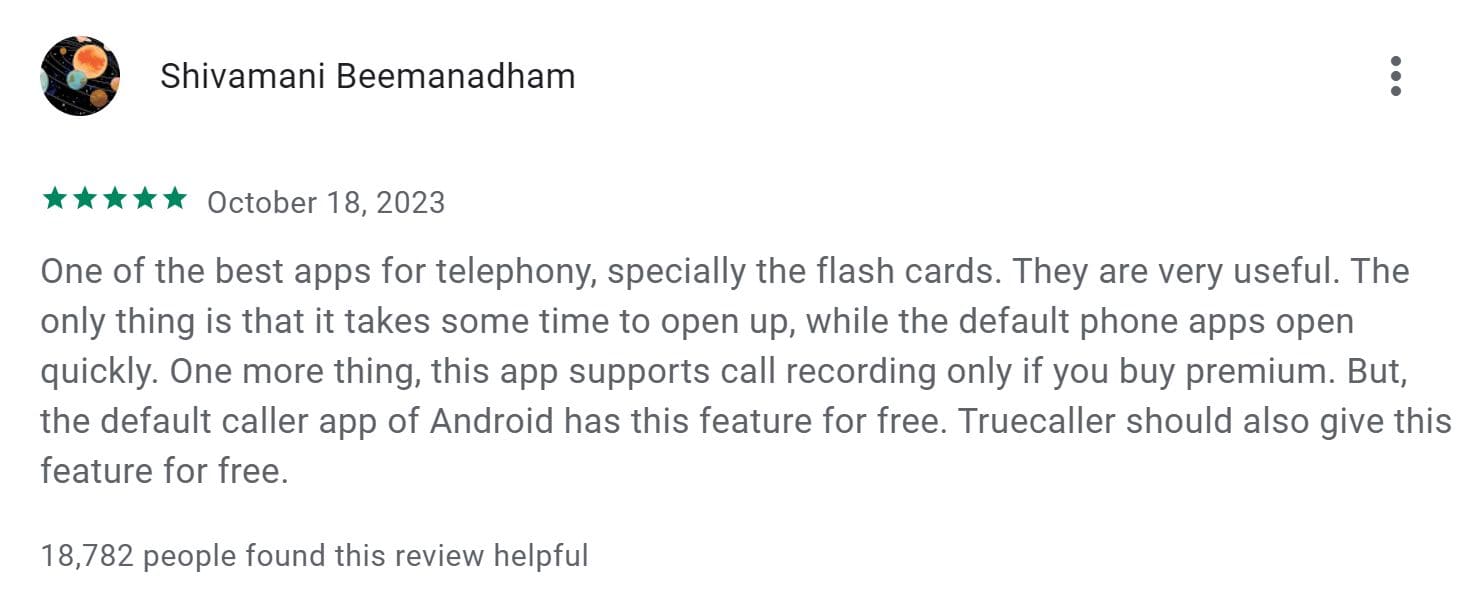 An image of positive customer review about Truecaller on Google Play