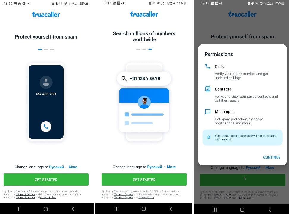 Three screenshots of the spam protection features that Truecaller provides