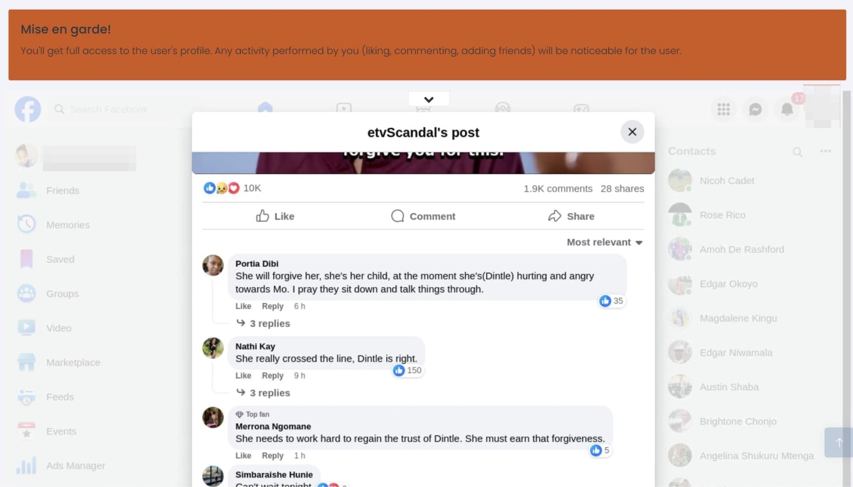 Screenshot of FBhacker Read & Post Comments feature