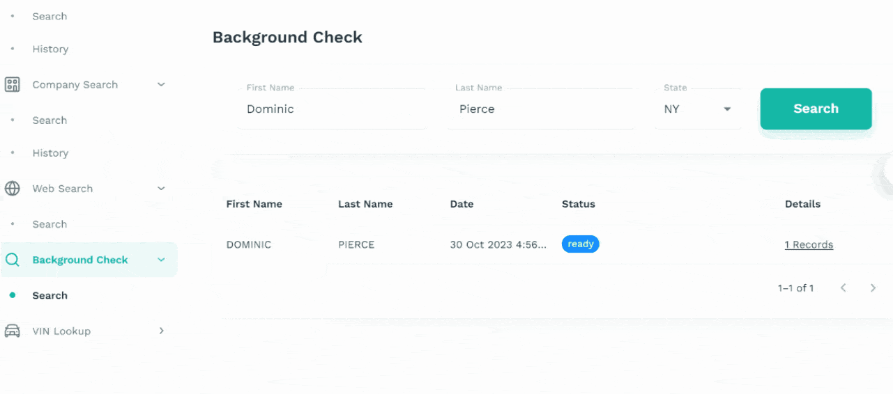 A GIF showing how to use the background check feature on Searqle