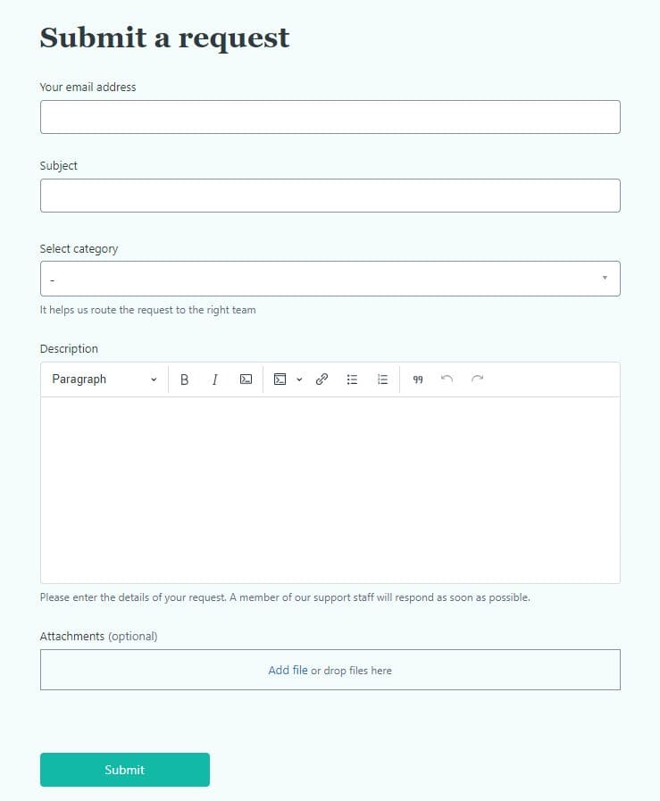 View of the Searqle online customer support request form