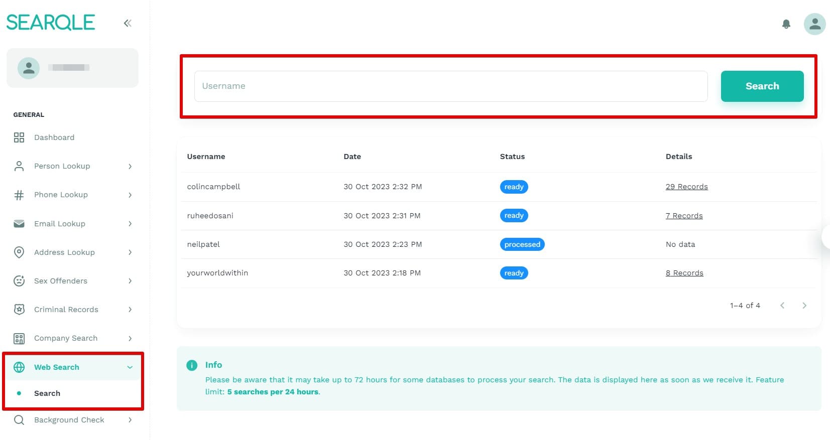 An image showing the web search on Searqle and what data will be visible in the search