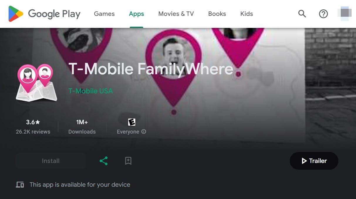 View the T-Mobile FamilyWhere homepage on Google Play with a button to install it on your phone