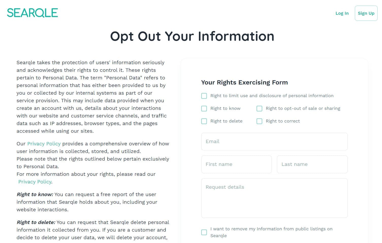 Screenshot of the Searqle opt-out page