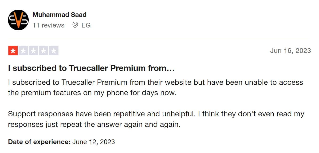 An image of a customer complainining about Truecaller customer support
