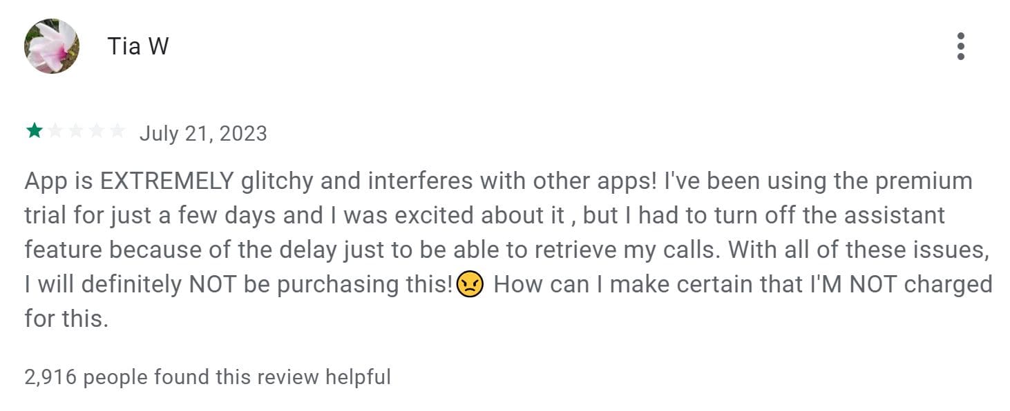 An image of a negative Truecaller review on Google Play