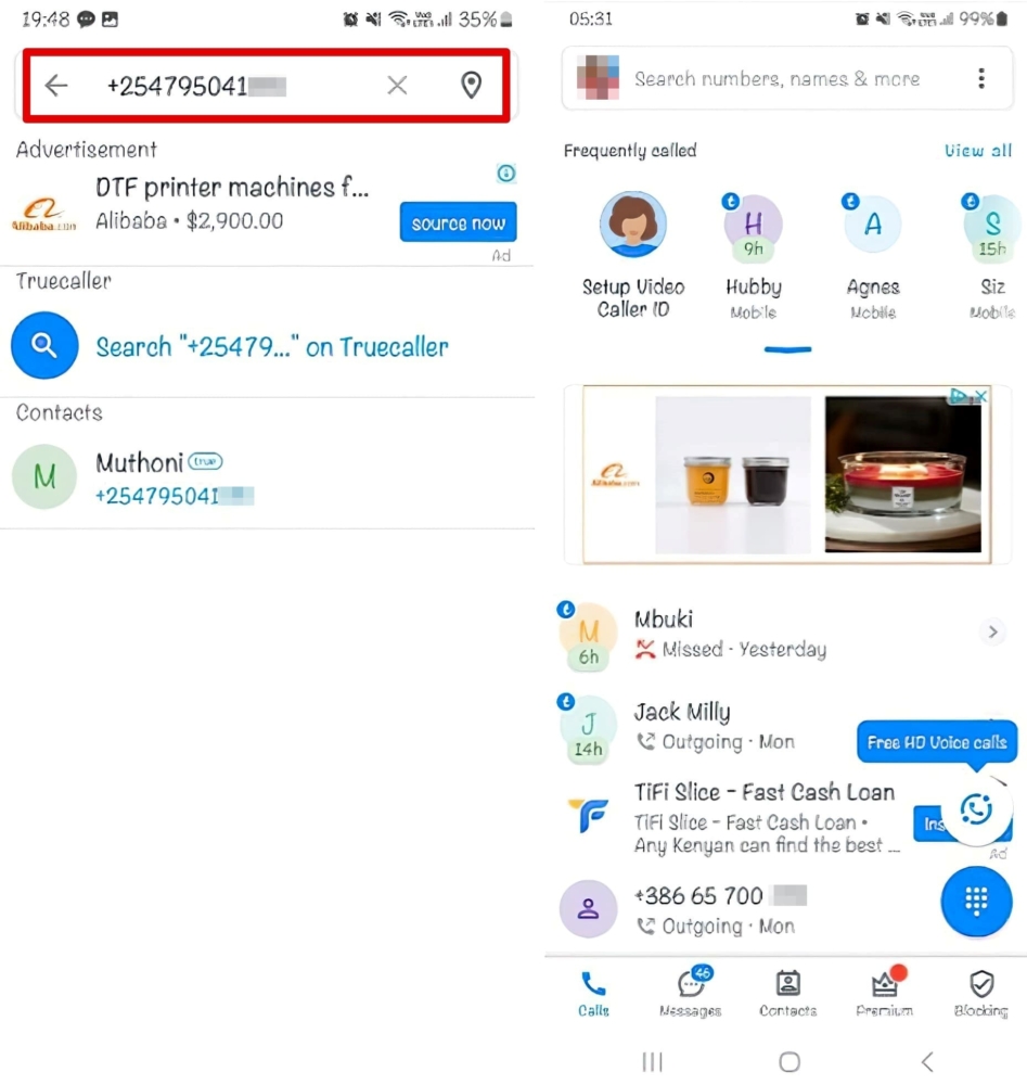 An image of how to do a phone number search with Truecaller