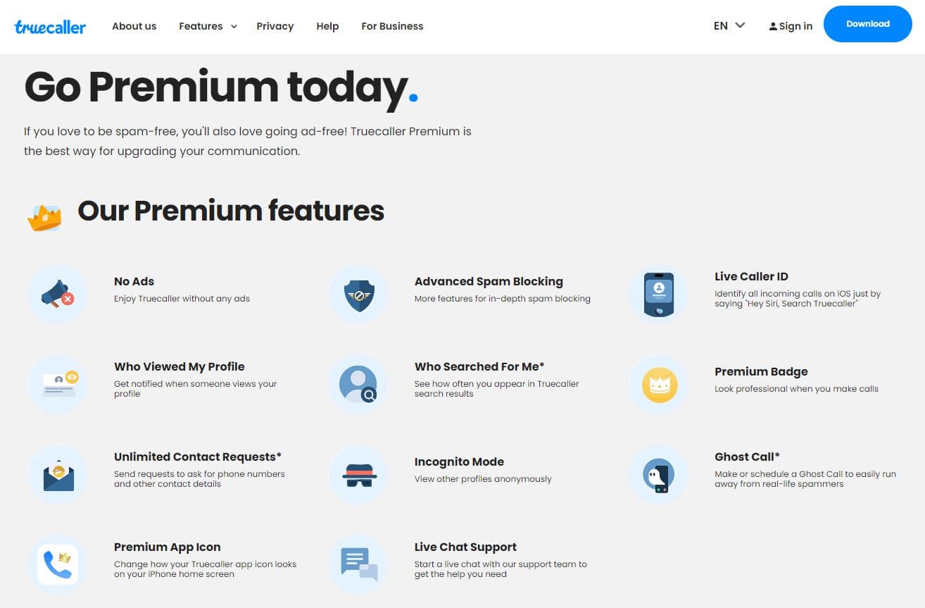 List of eleven Truecaller Premium Plan features