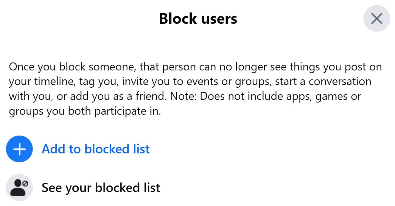 An image of block users feature on Facebook