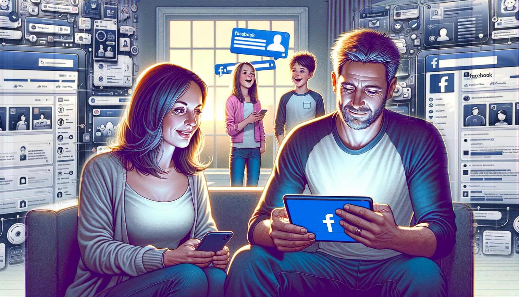 In the foreground of the image, two parents are holding gadgets and looking at them using Facebook's parental control feature, in the background are two children laughing and holding their phones, and on the walls of the room are images of Facebook information