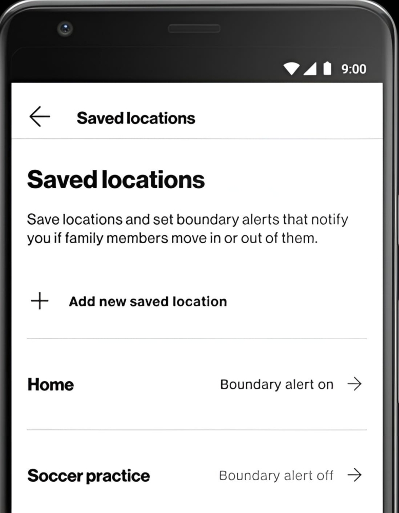 An image of saved locations on the Verizon Smart family app