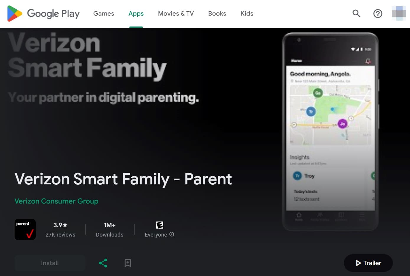 View the Verizon Smart Family app home page on Google Play with a button to install it on your phone