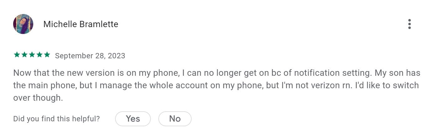 Image of a positive Verizon Smart Family customer review on Google Play