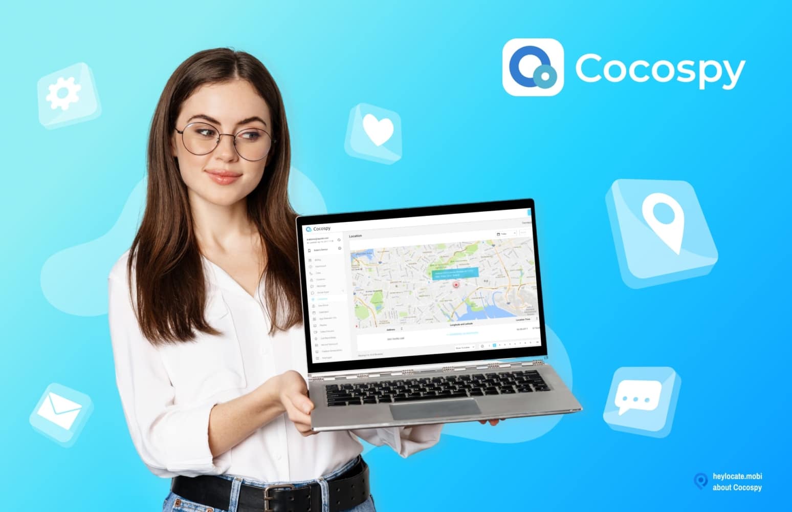 A image featuring a person holding a laptop that displays the Cocospy application interface, showing a map with location details.