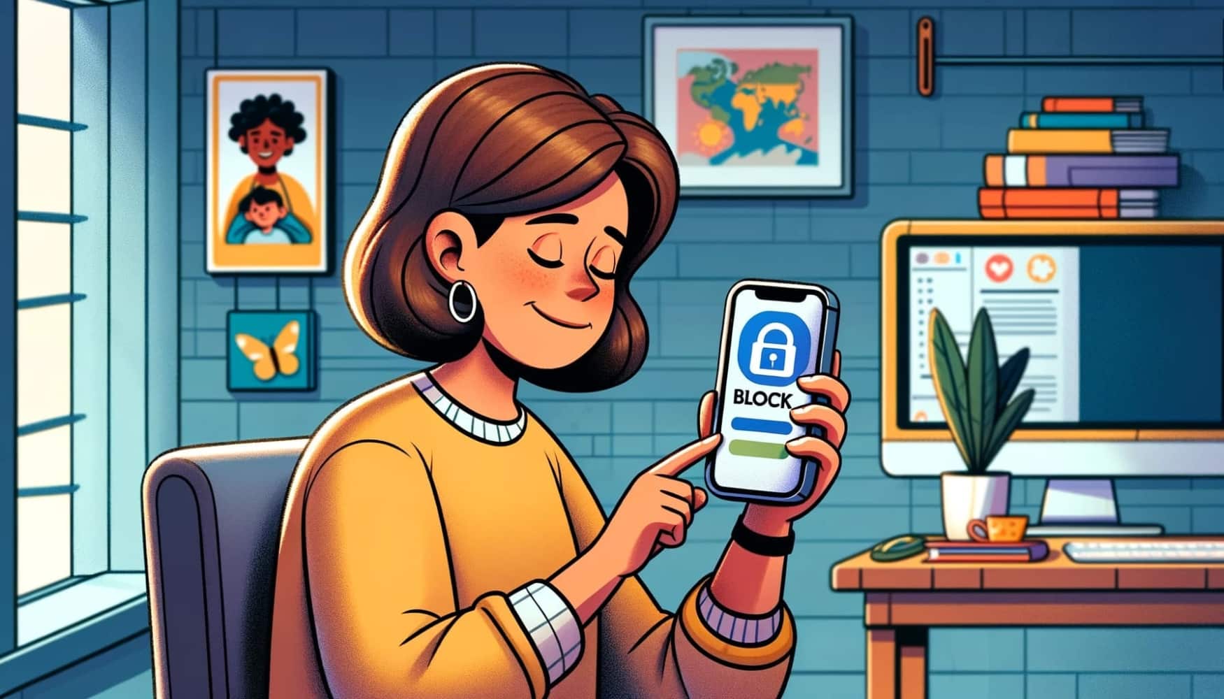 A digital illustration depicting a parent blocking apps on an iPhone. The scene shows a content and relaxed parent in a home office, using an iPhone with a normal hand posture. The iPhone screen is visible, showing a user-friendly interface with clear options to block apps. The background includes a bookshelf with parenting books and a world map, suggesting a family-oriented space. The overall atmosphere is calm and focused, mirroring responsible digital parenting