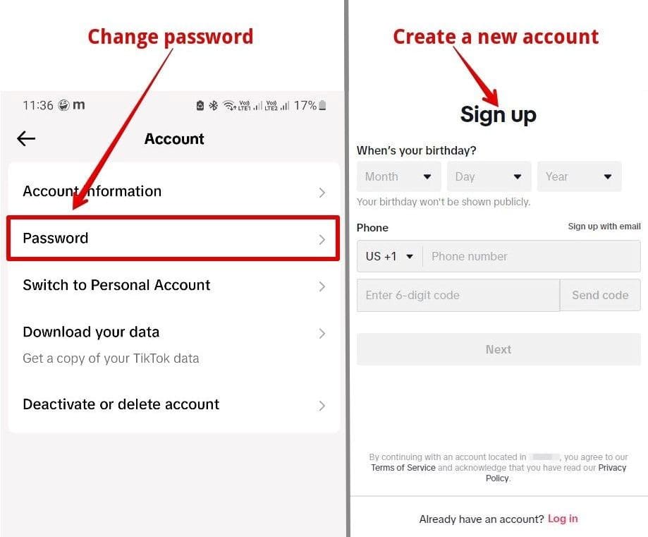 Two screenshots with forms to fill out to change your password and create a TikTok account