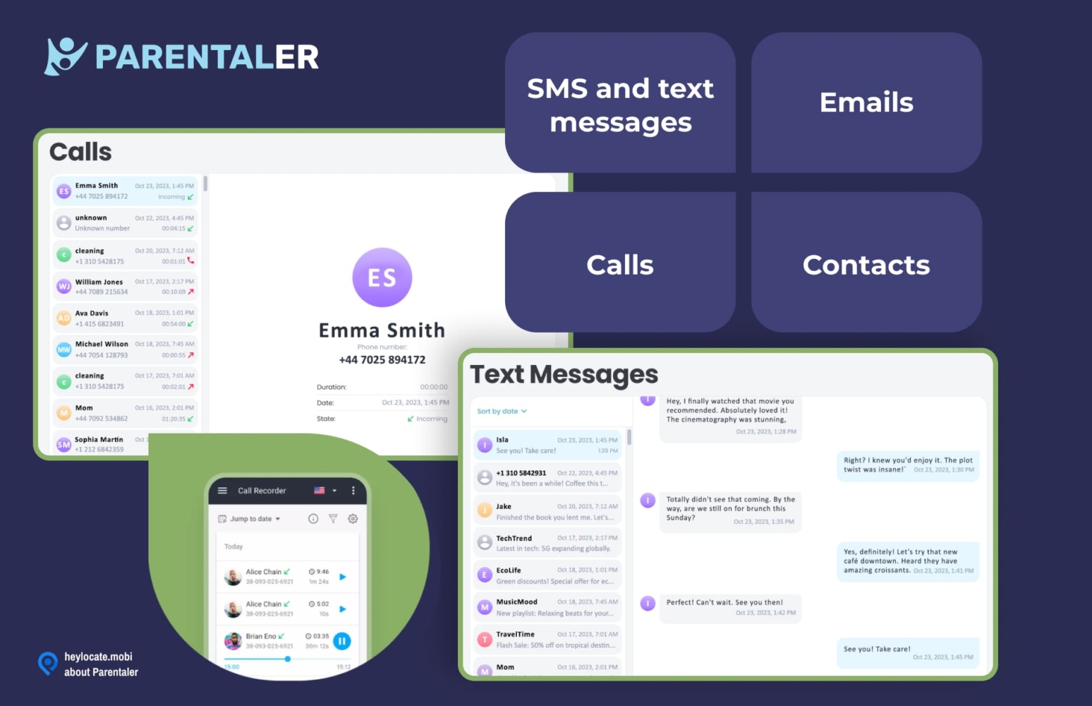 A display of the Parentaler app's communication tracking features showing detailed logs of calls, SMS and text messages, along with a highlighted contact profile and a call recorder interface showcasing recent call activities for comprehensive monitoring of children's phone communication.