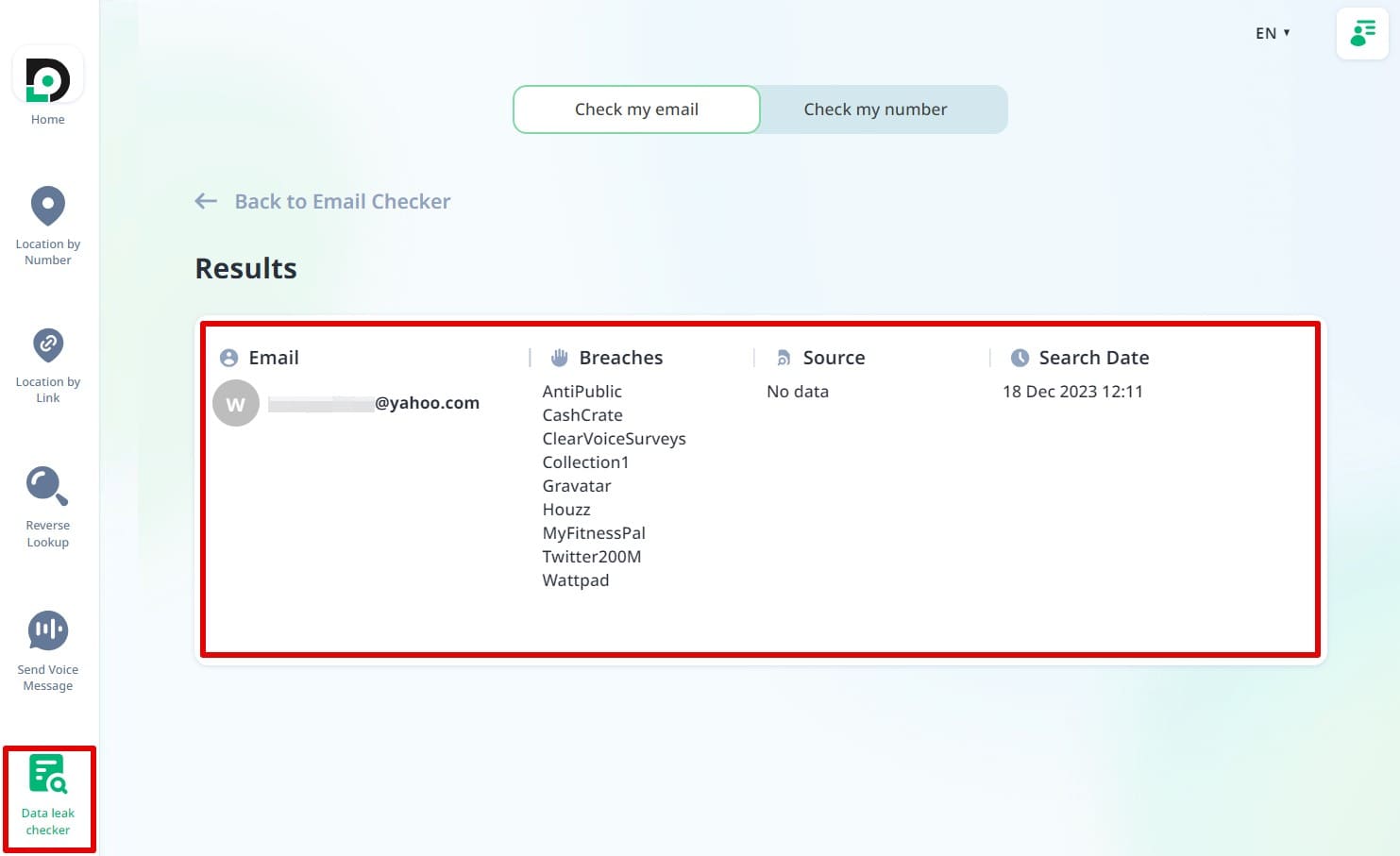 An image of Detectico data leak search results