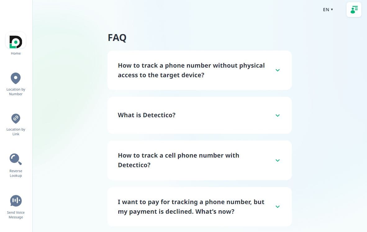 An image of some of the FAQs on the Detectico home page